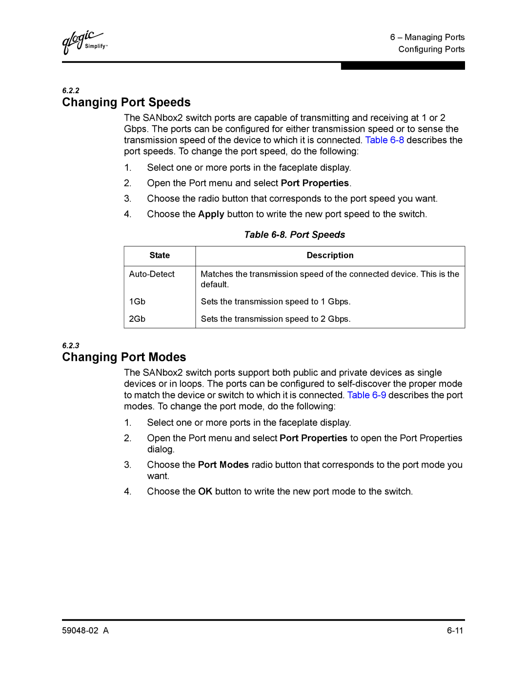 Q-Logic 59048-02 A manual Changing Port Speeds, Changing Port Modes 