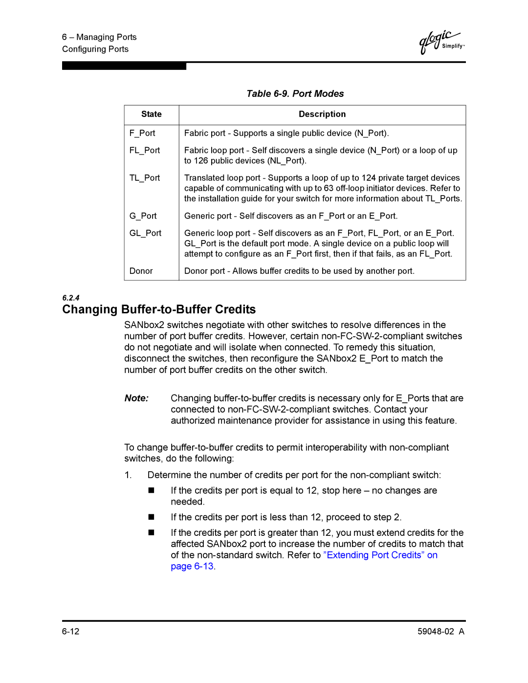 Q-Logic 59048-02 A manual Changing Buffer-to-Buffer Credits, Port Modes 