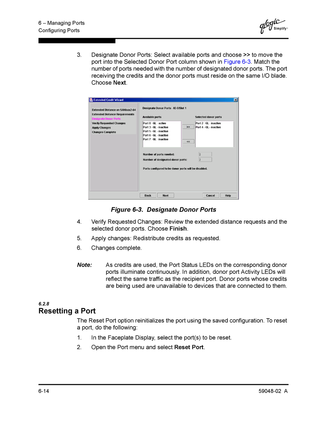 Q-Logic 59048-02 A manual Resetting a Port, Designate Donor Ports 