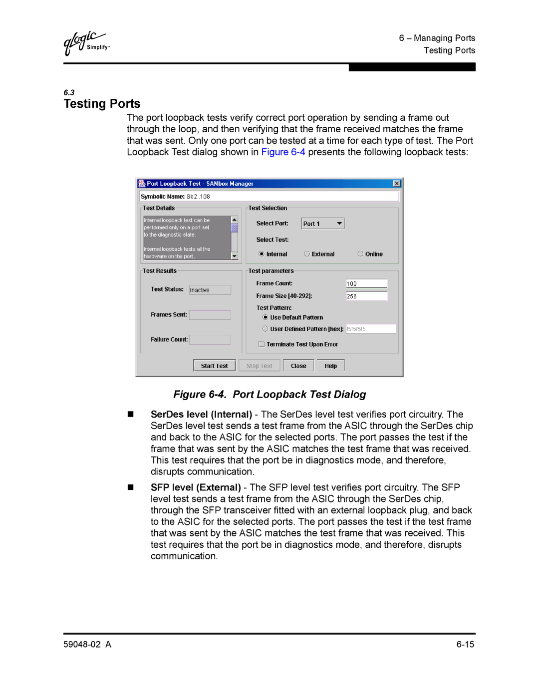 Q-Logic 59048-02 A manual Testing Ports, Port Loopback Test Dialog 