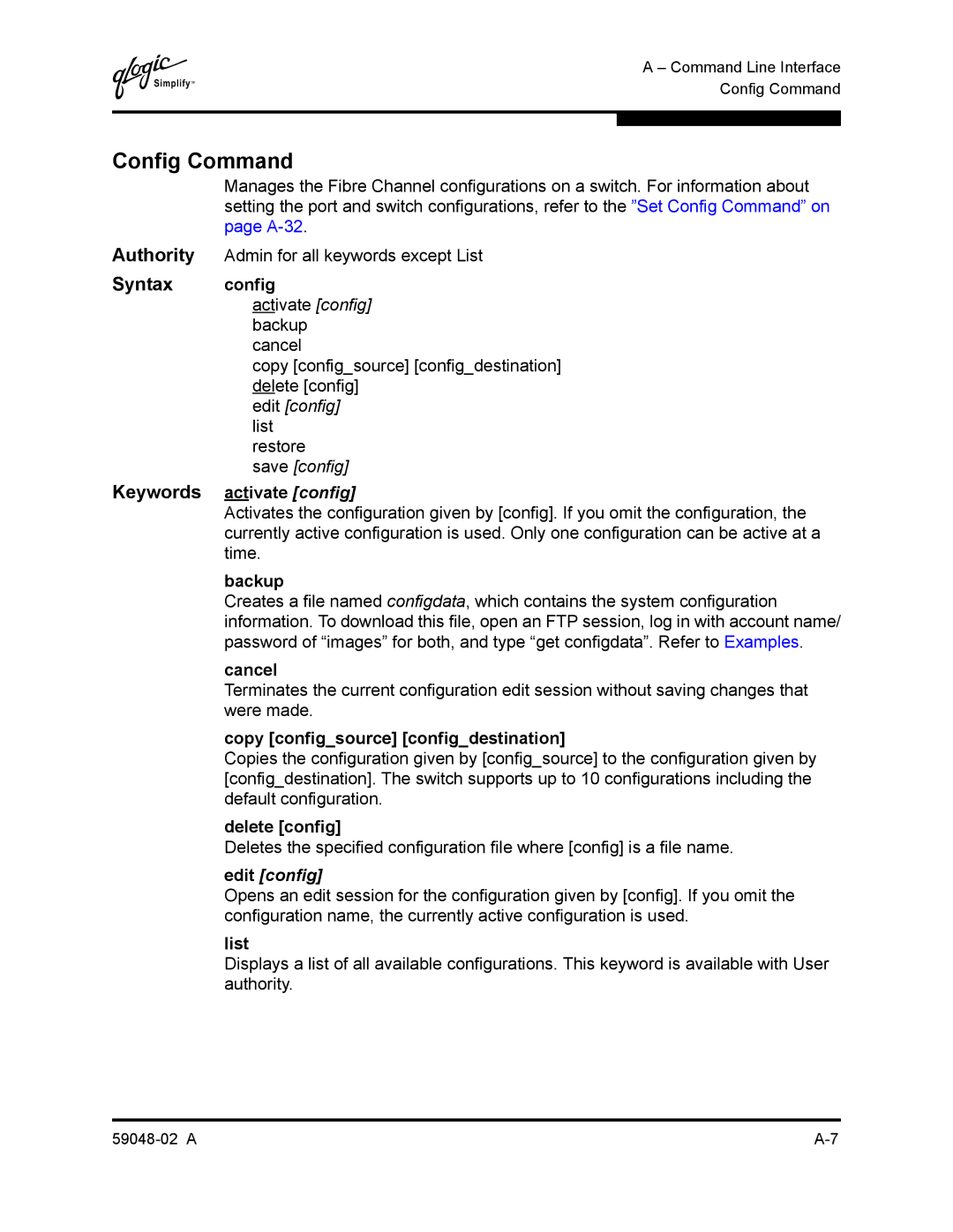 Q-Logic 59048-02 A manual Config Command, Syntax config, Keywords activate config, Edit config 