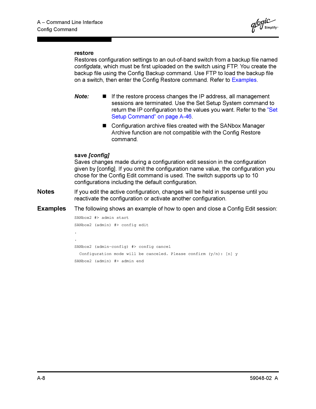 Q-Logic 59048-02 A manual Archive function are not compatible with the Config Restore, Command, Save config 