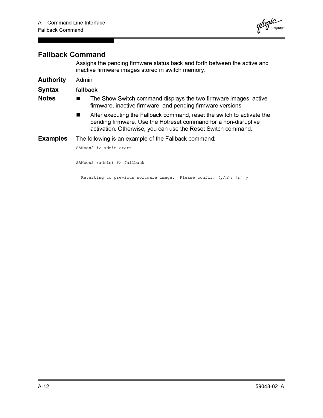 Q-Logic 59048-02 A manual Fallback Command, Firmware, inactive firmware, and pending firmware versions 