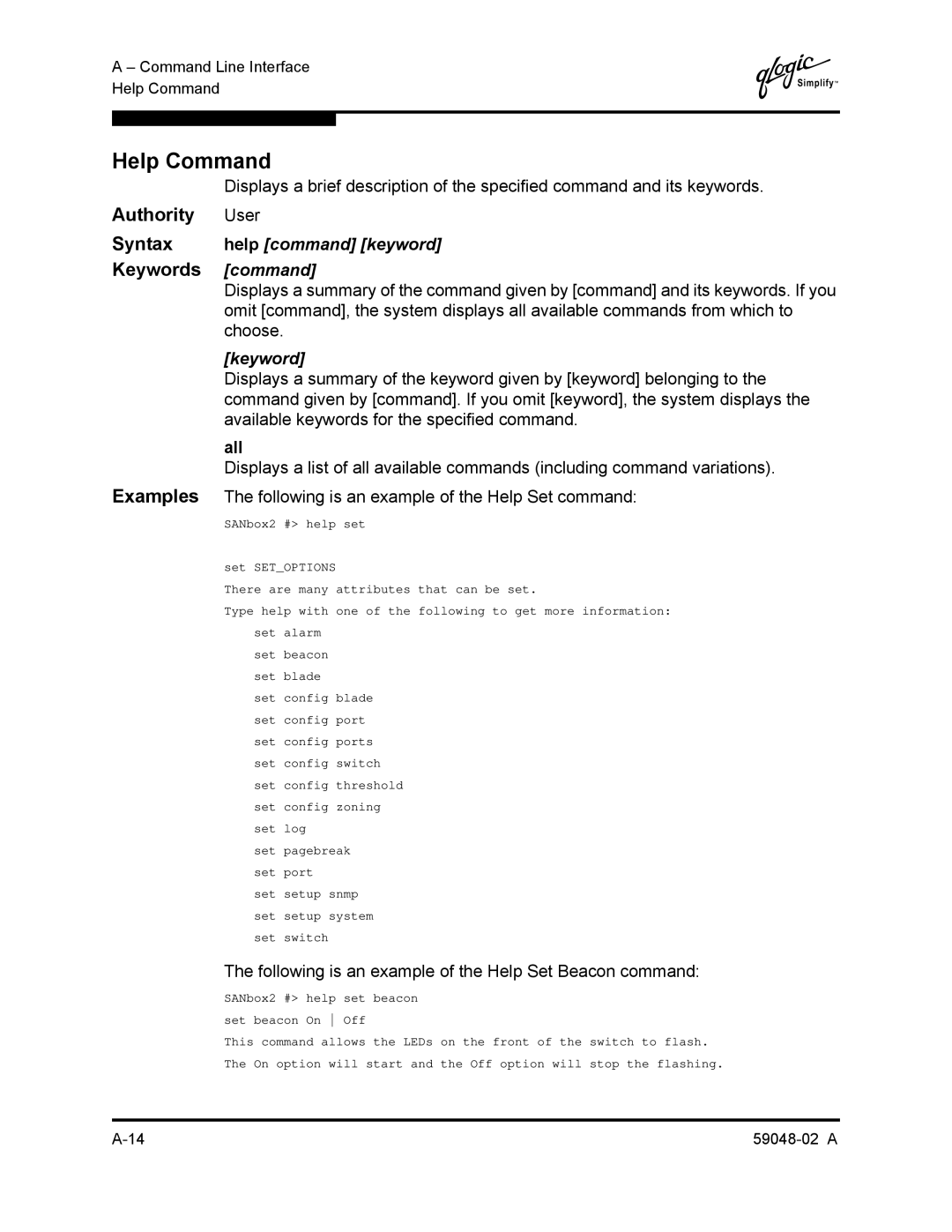 Q-Logic 59048-02 A manual Help Command, Authority User, Keywords command, Syntax help command keyword 