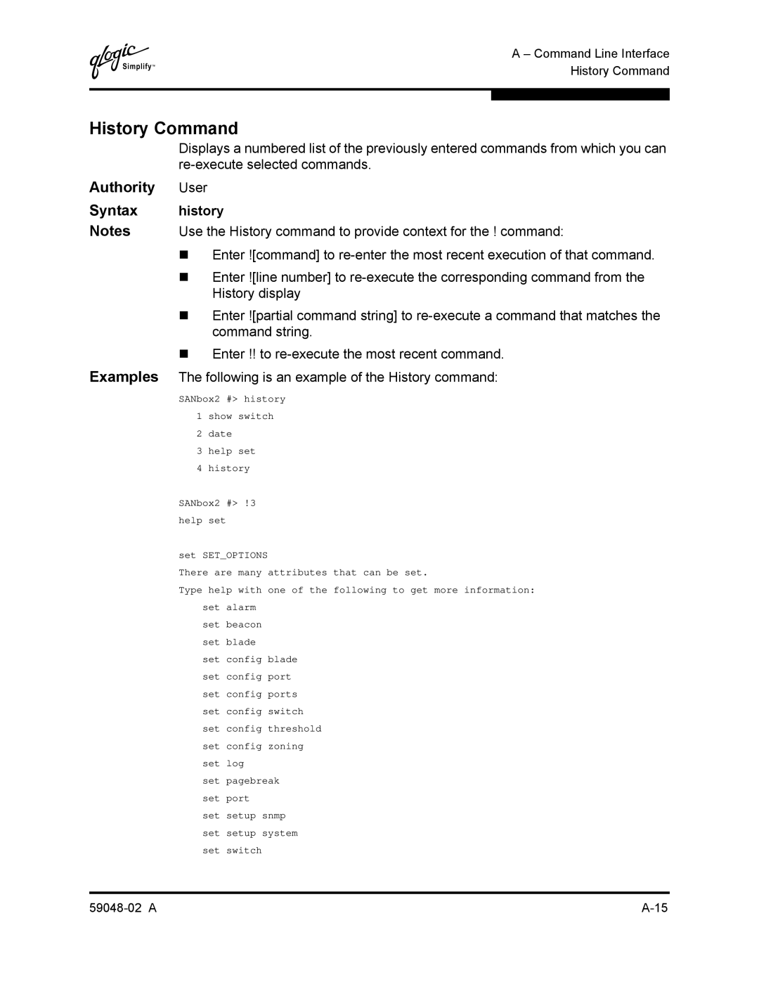 Q-Logic 59048-02 A manual History Command, Authority User Syntax history 