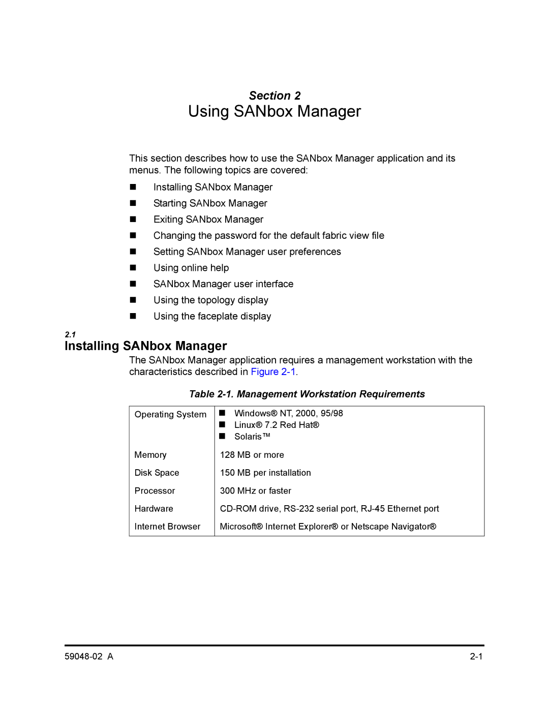 Q-Logic 59048-02 A manual Installing SANbox Manager, Management Workstation Requirements 