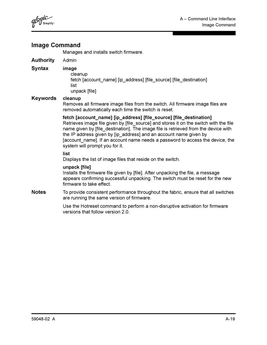Q-Logic 59048-02 A manual Image Command, Authority Admin Syntax image cleanup, Keywords cleanup, Unpack file 