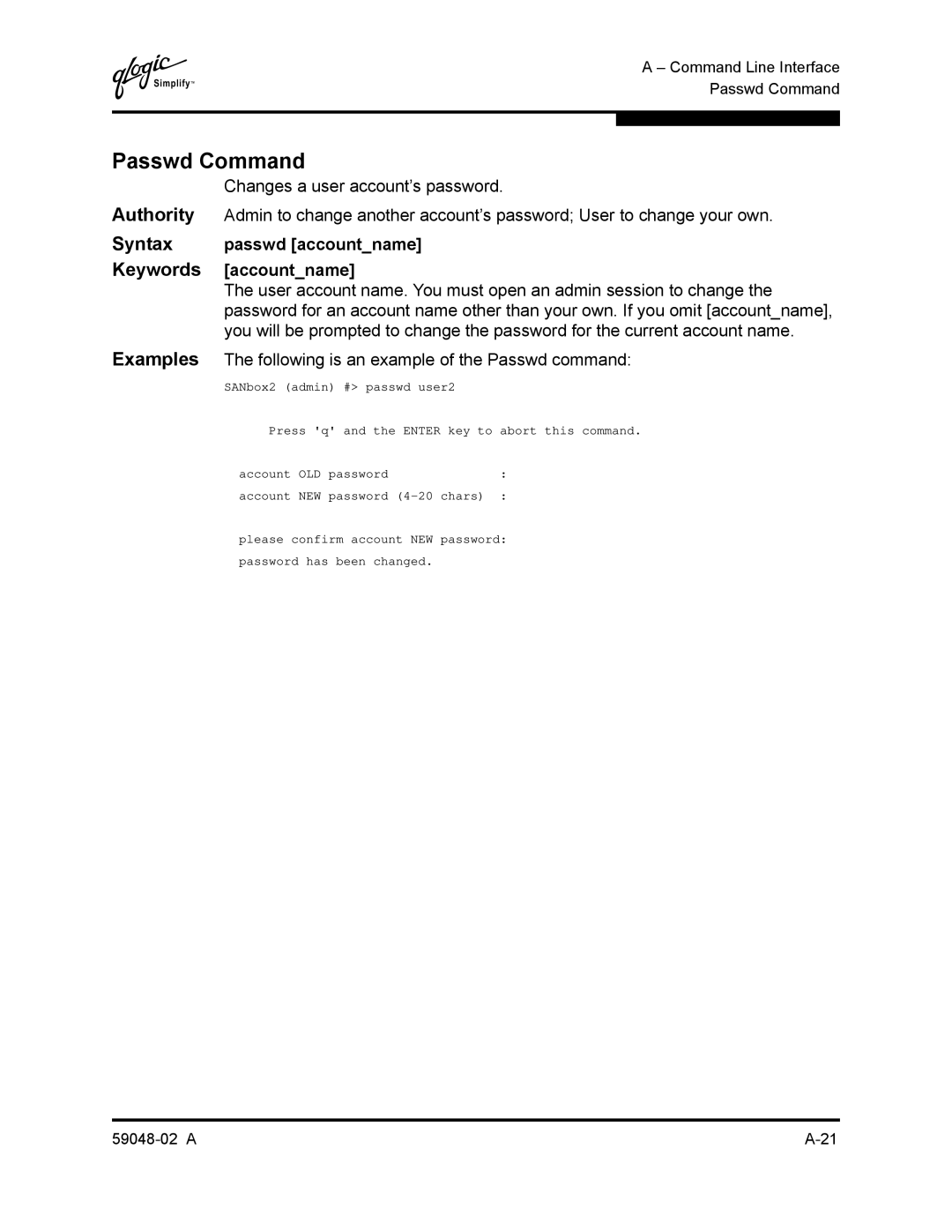 Q-Logic 59048-02 A manual Passwd Command, Syntax passwd accountname Keywords accountname 