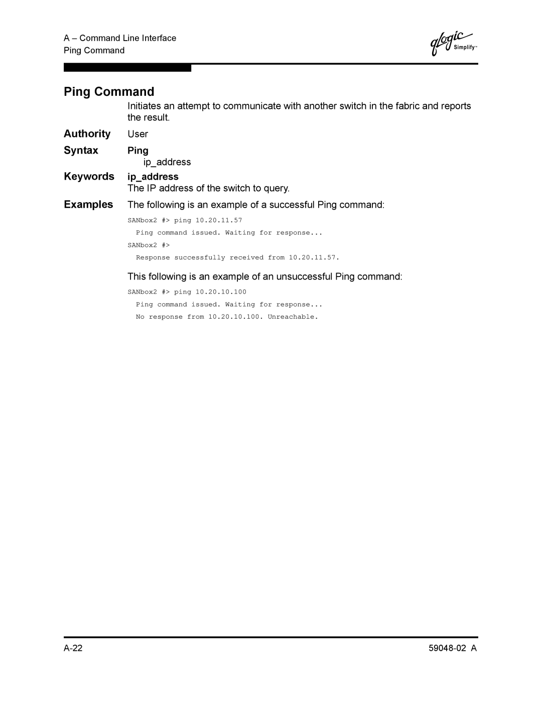 Q-Logic 59048-02 A manual Ping Command, Authority User Syntax Ping, Ipaddress, Keywords ipaddress 