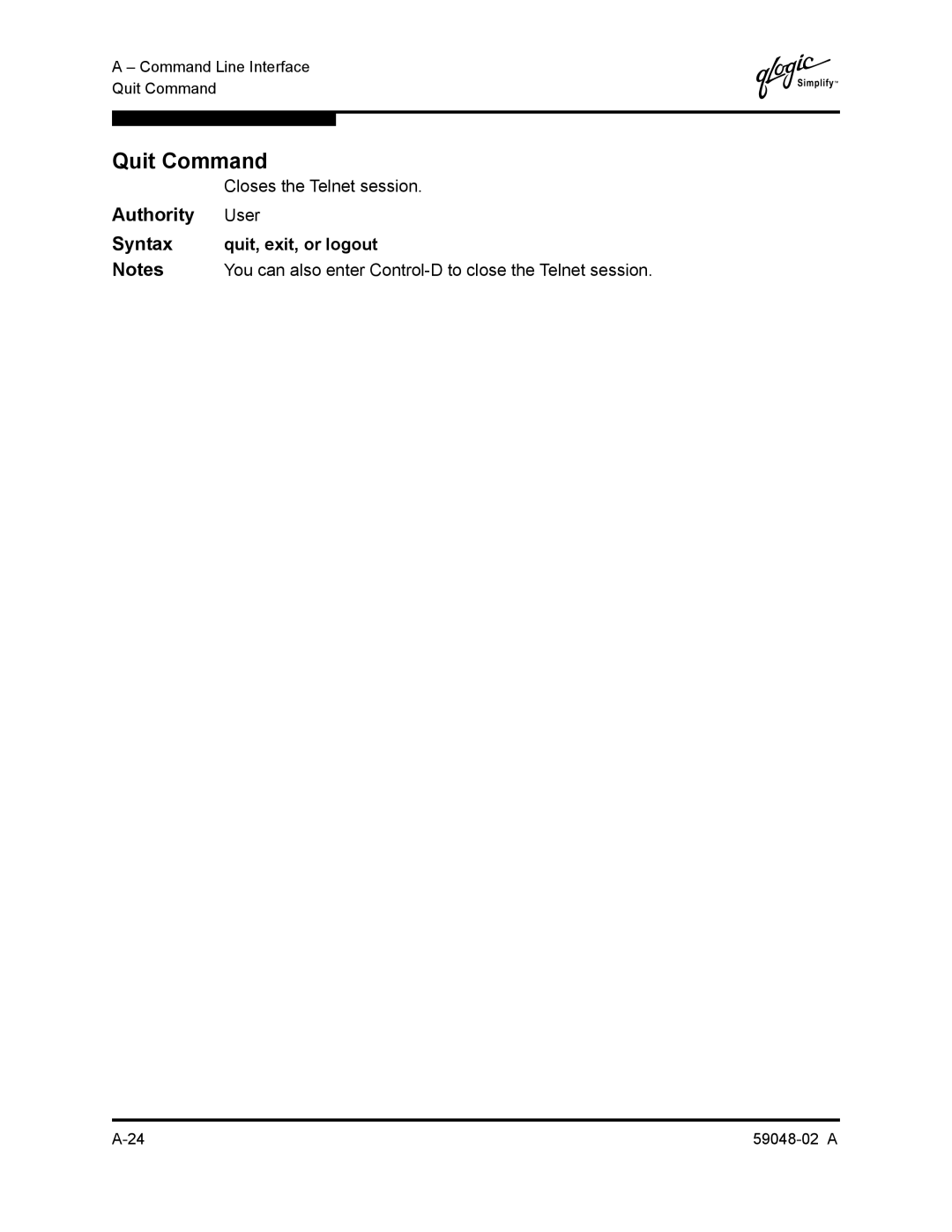 Q-Logic 59048-02 A manual Quit Command, Closes the Telnet session, Syntax quit, exit, or logout 