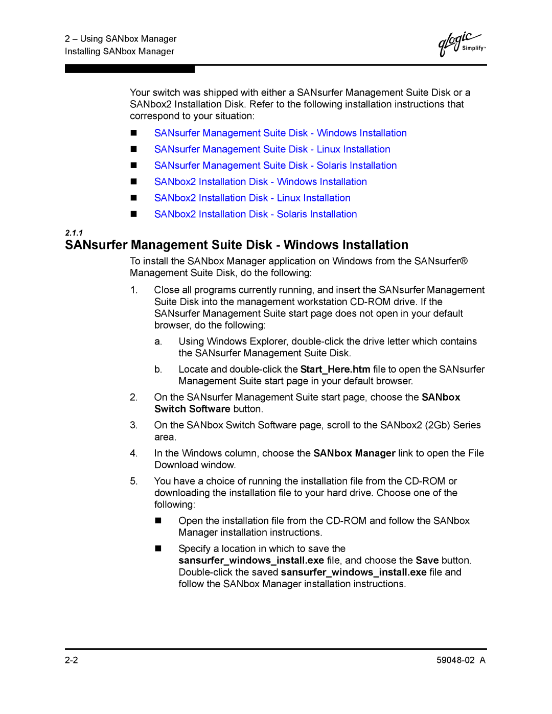 Q-Logic 59048-02 A manual SANsurfer Management Suite Disk Windows Installation 