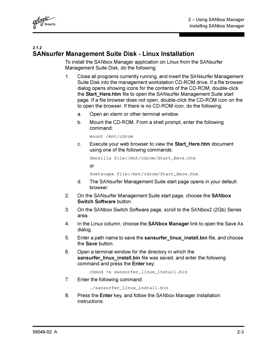 Q-Logic 59048-02 A manual SANsurfer Management Suite Disk Linux Installation, Enter the following command 