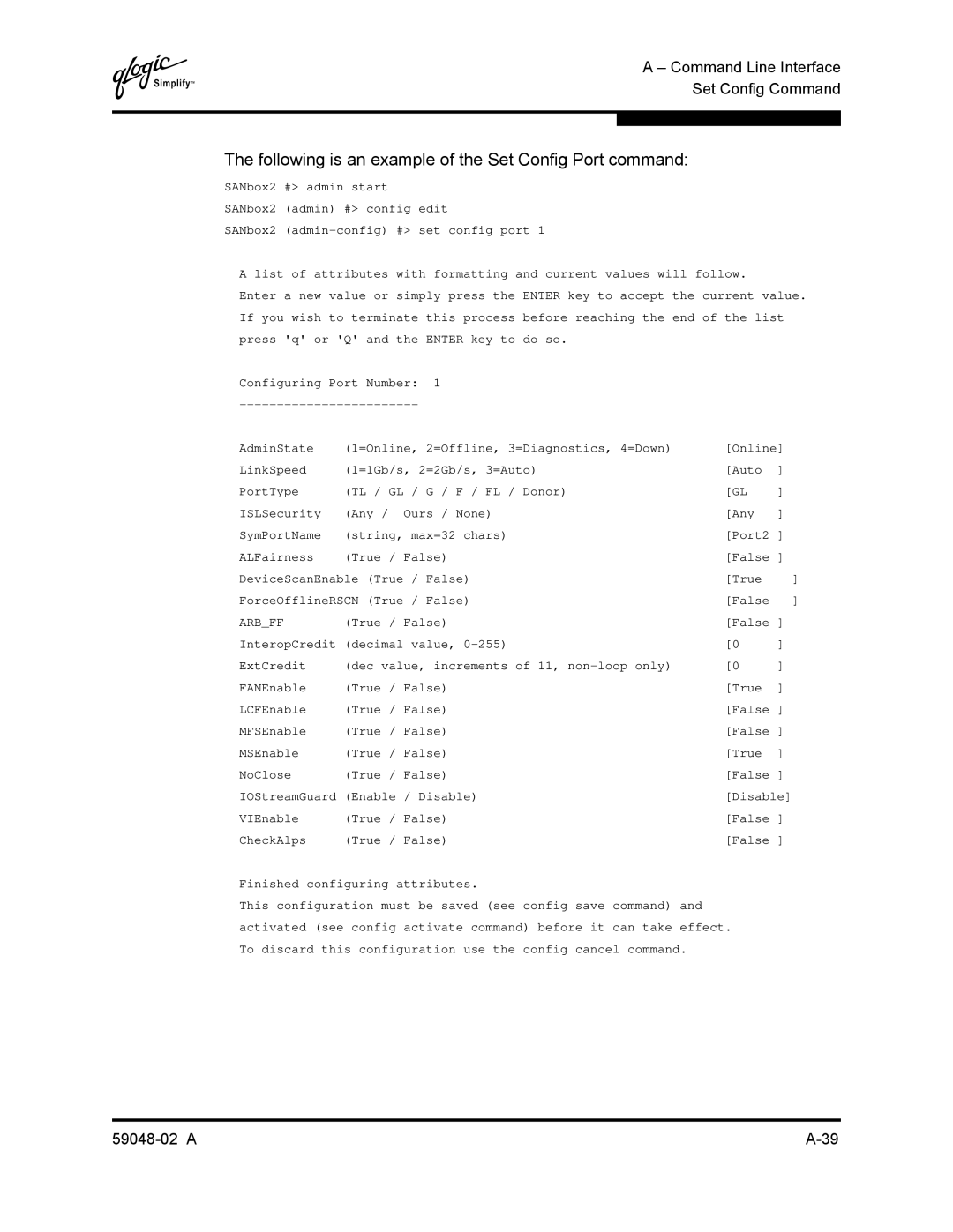 Q-Logic 59048-02 A manual Following is an example of the Set Config Port command, Arbff 