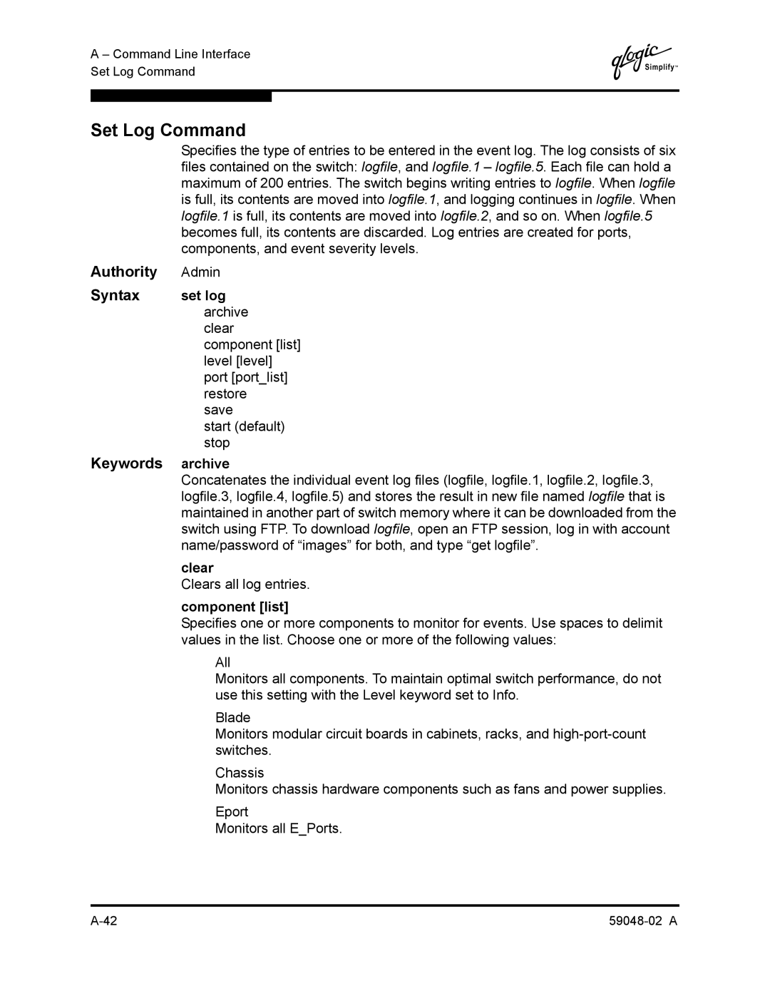 Q-Logic 59048-02 A manual Set Log Command, Set log, Archive, Clear, Component list 