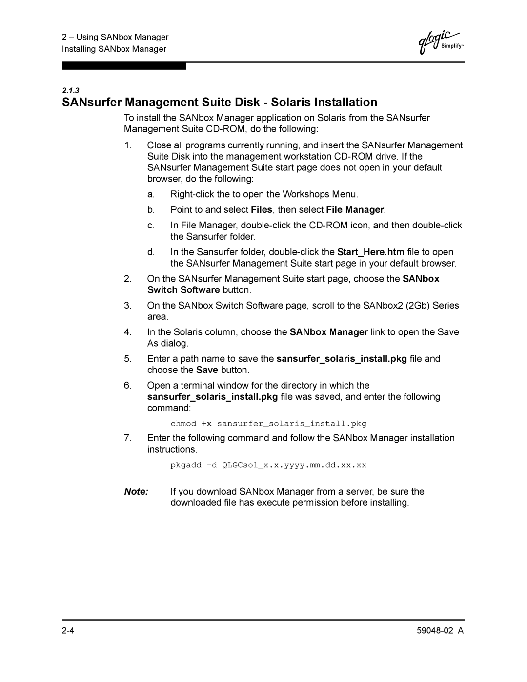 Q-Logic 59048-02 A manual SANsurfer Management Suite Disk Solaris Installation 