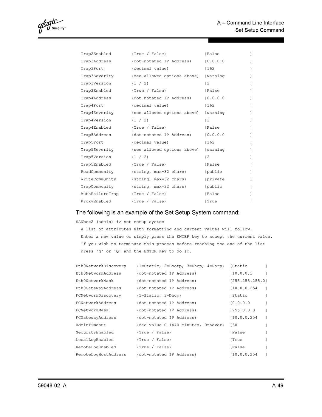 Q-Logic 59048-02 A manual Following is an example of the Set Setup System command, SANbox2 admin # set setup system 