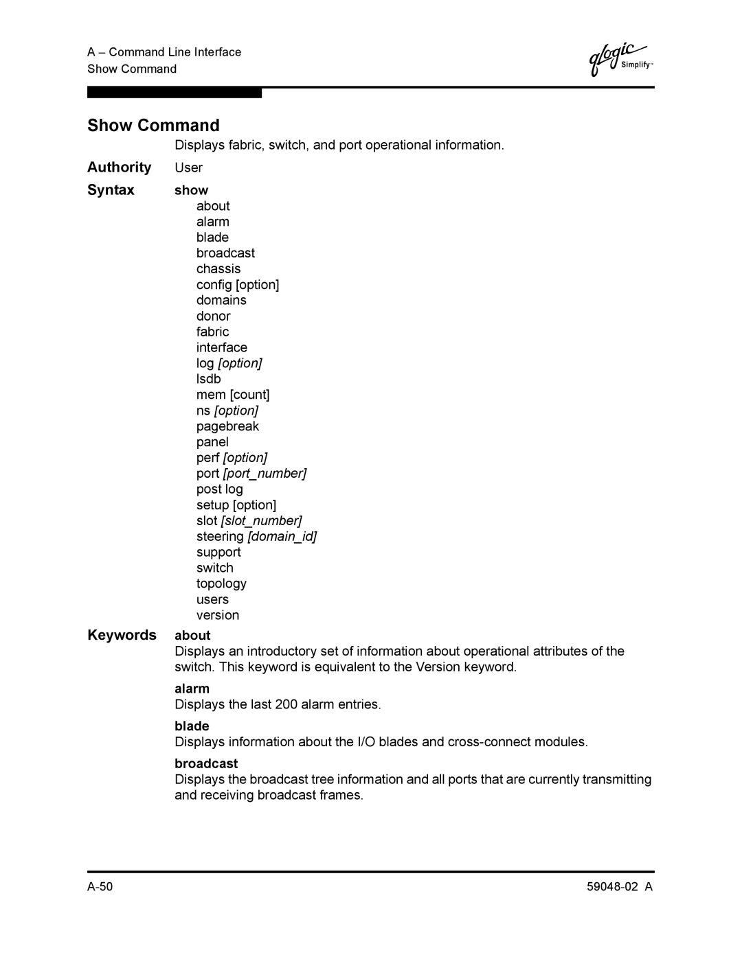 Q-Logic 59048-02 A manual Show Command, Keywords about, Alarm, Blade, Broadcast 