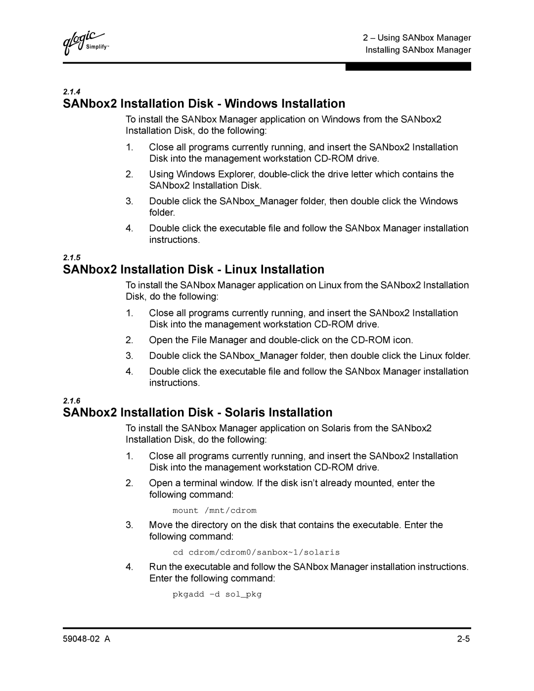 Q-Logic 59048-02 A manual SANbox2 Installation Disk Windows Installation, SANbox2 Installation Disk Linux Installation 