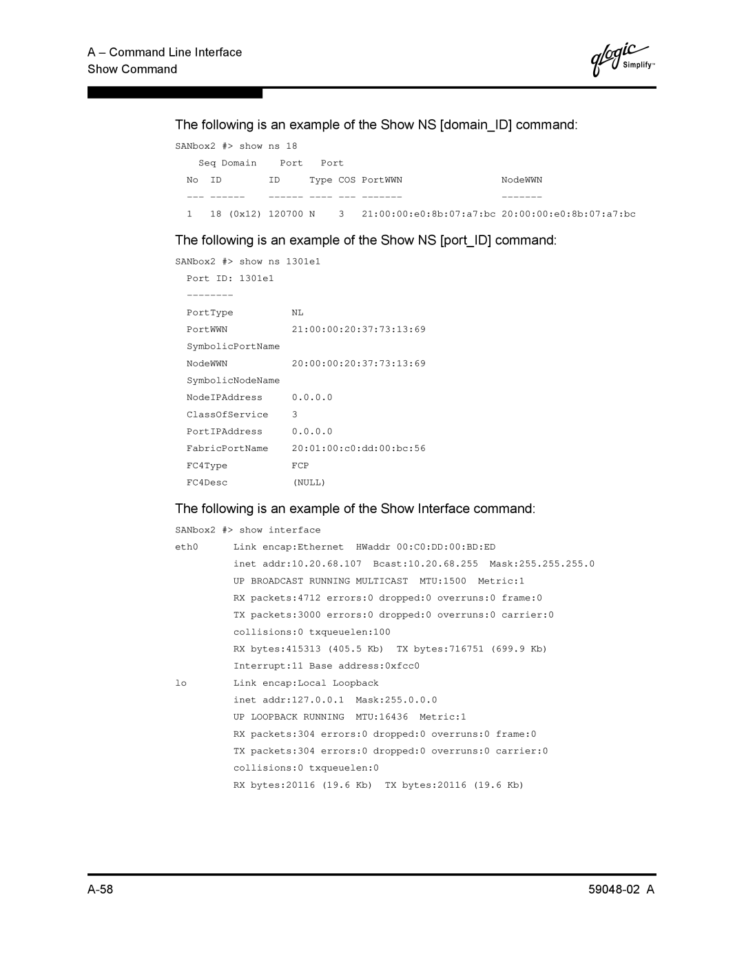 Q-Logic 59048-02 A manual Following is an example of the Show NS domainID command 