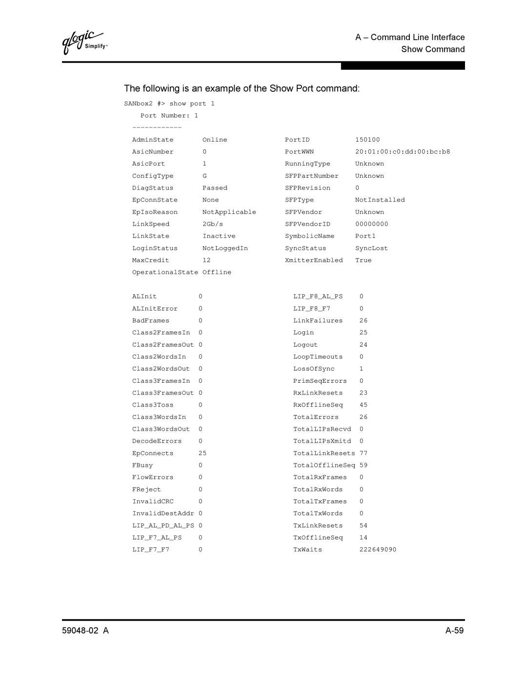 Q-Logic 59048-02 A manual Following is an example of the Show Port command, LIPF8F7 