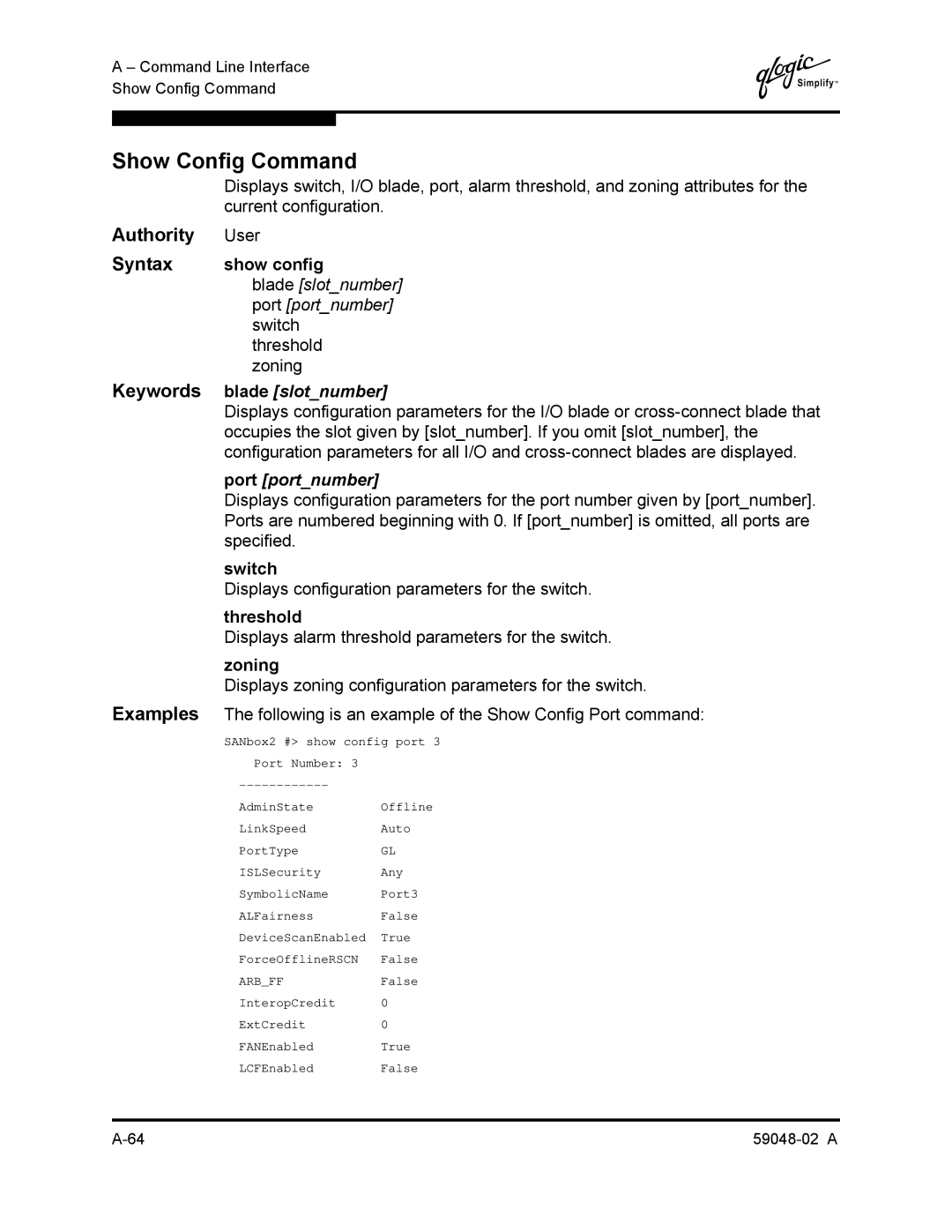 Q-Logic 59048-02 A manual Show Config Command, Show config, Blade slotnumber 