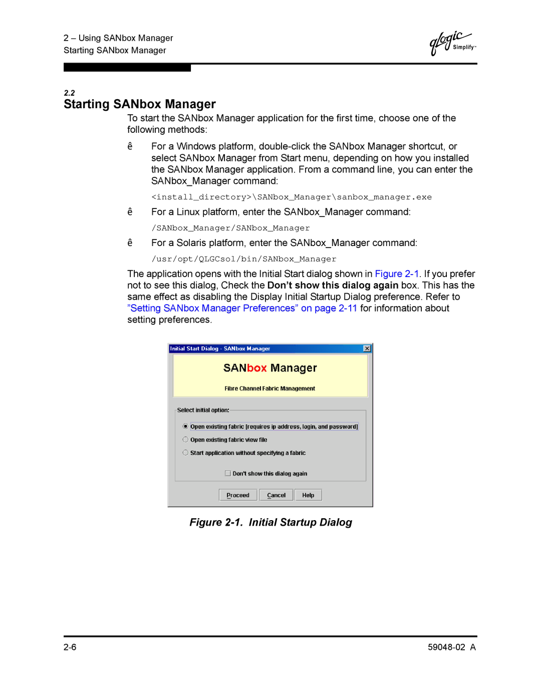 Q-Logic 59048-02 A manual Starting SANbox Manager, „ For a Linux platform, enter the SANboxManager command 