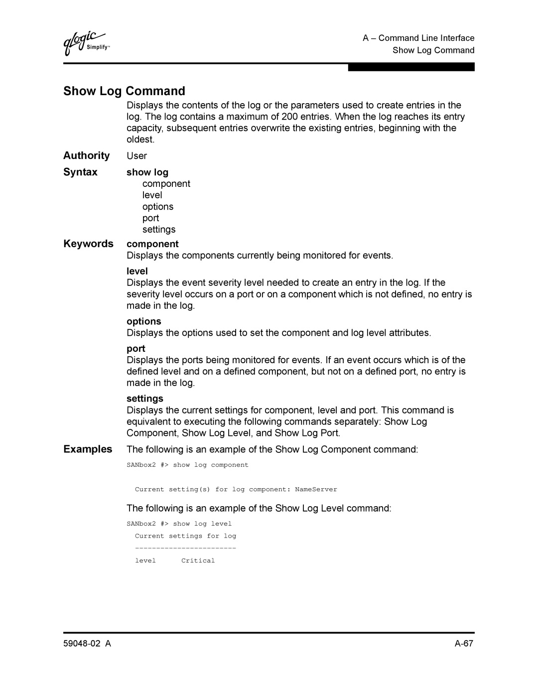 Q-Logic 59048-02 A manual Show Log Command, Keywords component 