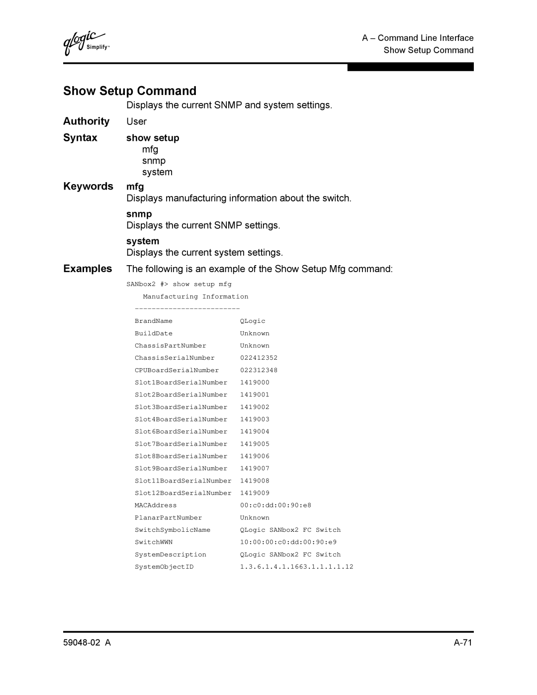 Q-Logic 59048-02 A manual Show Setup Command, Show setup, Mfg 