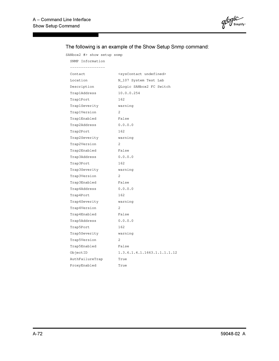 Q-Logic 59048-02 A manual Following is an example of the Show Setup Snmp command 