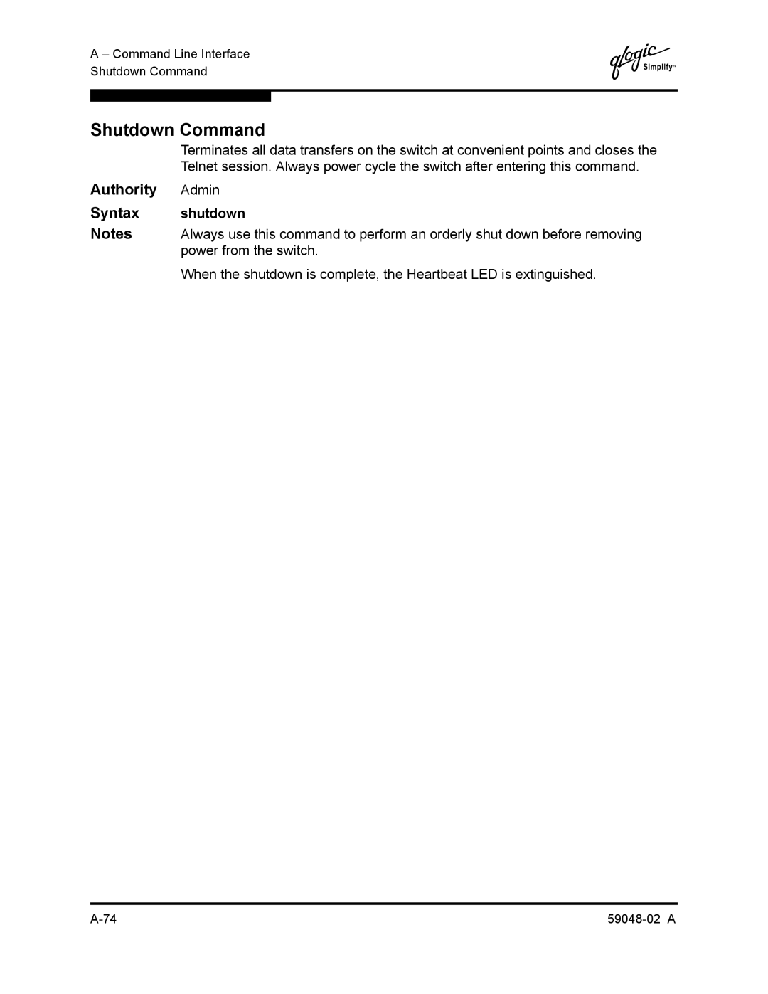 Q-Logic 59048-02 A manual Shutdown Command, Syntax shutdown 