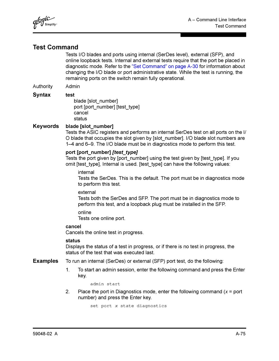 Q-Logic 59048-02 A manual Test Command, Syntax test, Port portnumber testtype, Status 