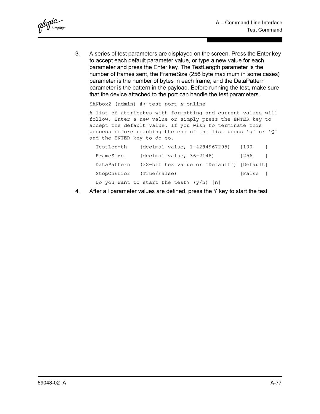 Q-Logic 59048-02 A manual Command Line Interface Test Command 