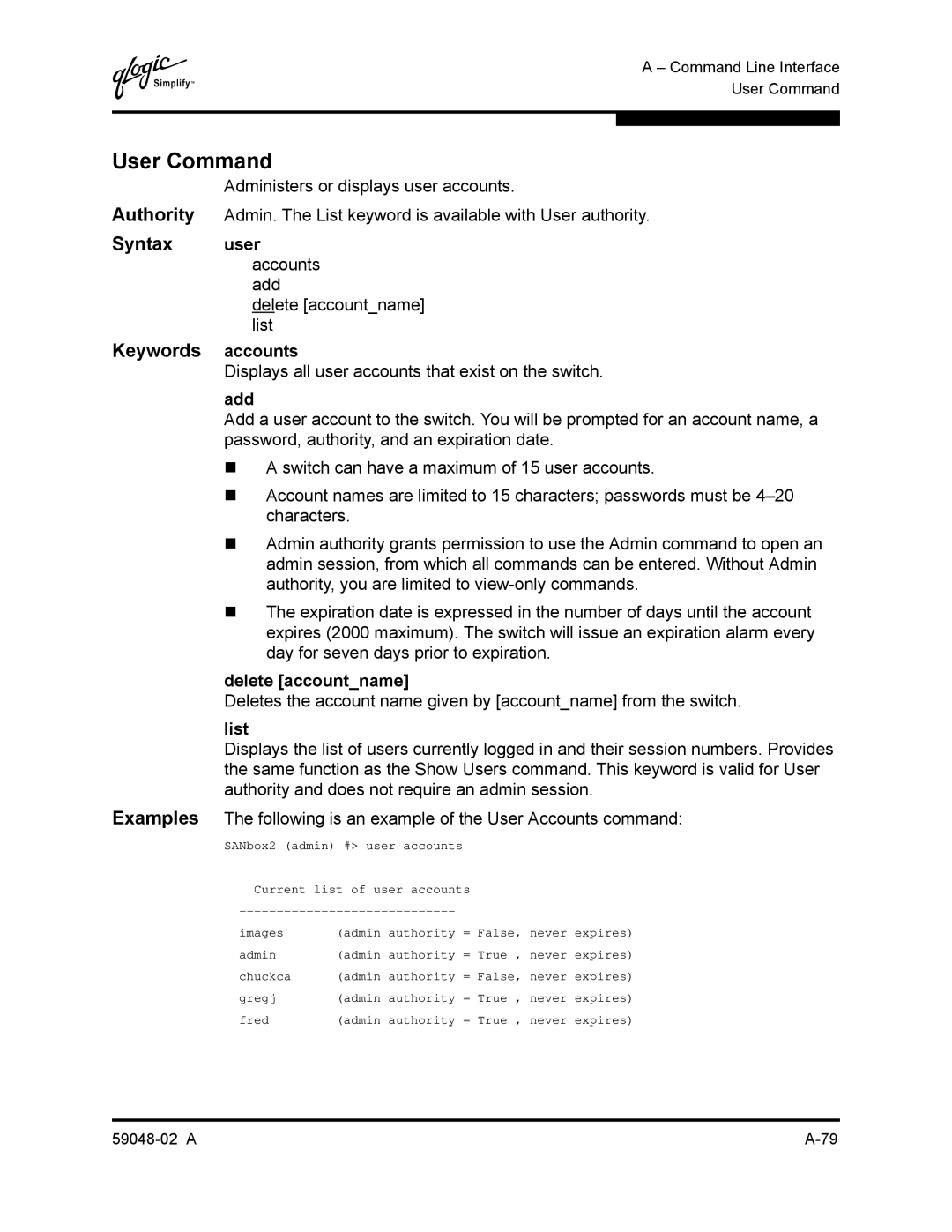 Q-Logic 59048-02 A manual User Command, Keywords accounts, Displays all user accounts that exist on the switch, Add 