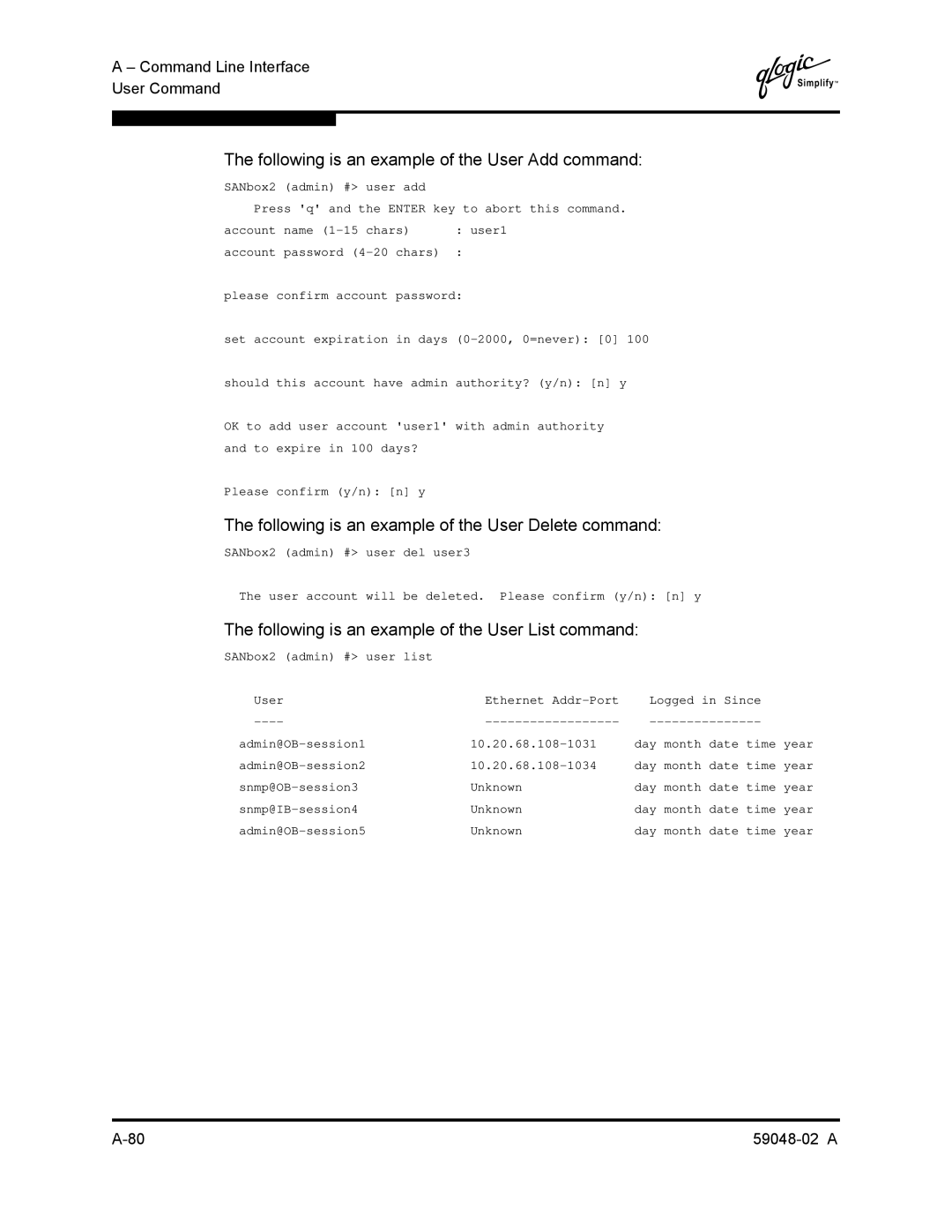 Q-Logic 59048-02 A Following is an example of the User Add command, Following is an example of the User Delete command 