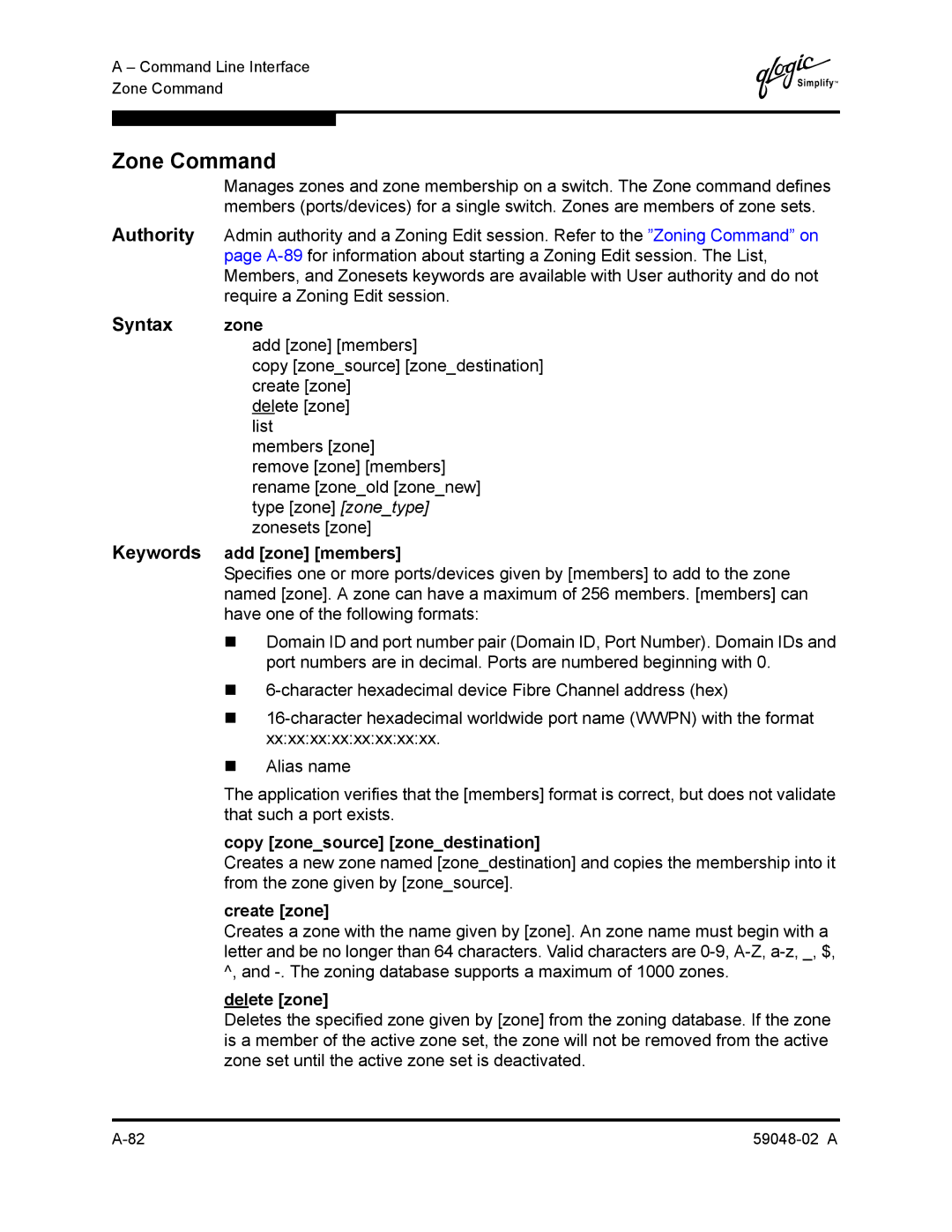 Q-Logic 59048-02 A manual Zone Command, Syntax zone 