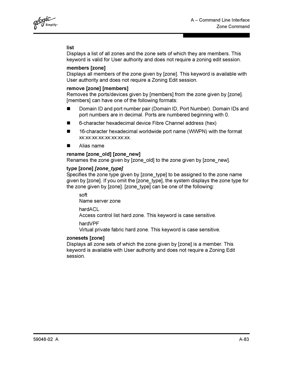 Q-Logic 59048-02 A manual Members zone, Remove zone members, Rename zoneold zonenew, Type zone zonetype, Zonesets zone 