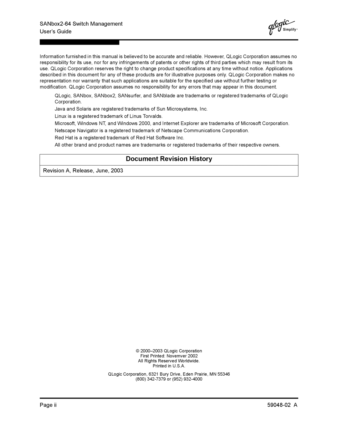 Q-Logic 59048-02 A manual Document Revision History, SANbox2-64 Switch Management User’s Guide 