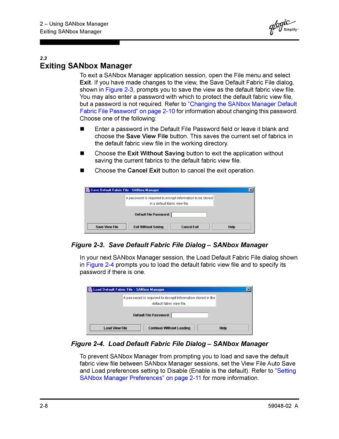 Q-Logic 59048-02 A manual Exiting SANbox Manager, Save Default Fabric File Dialog SANbox Manager 