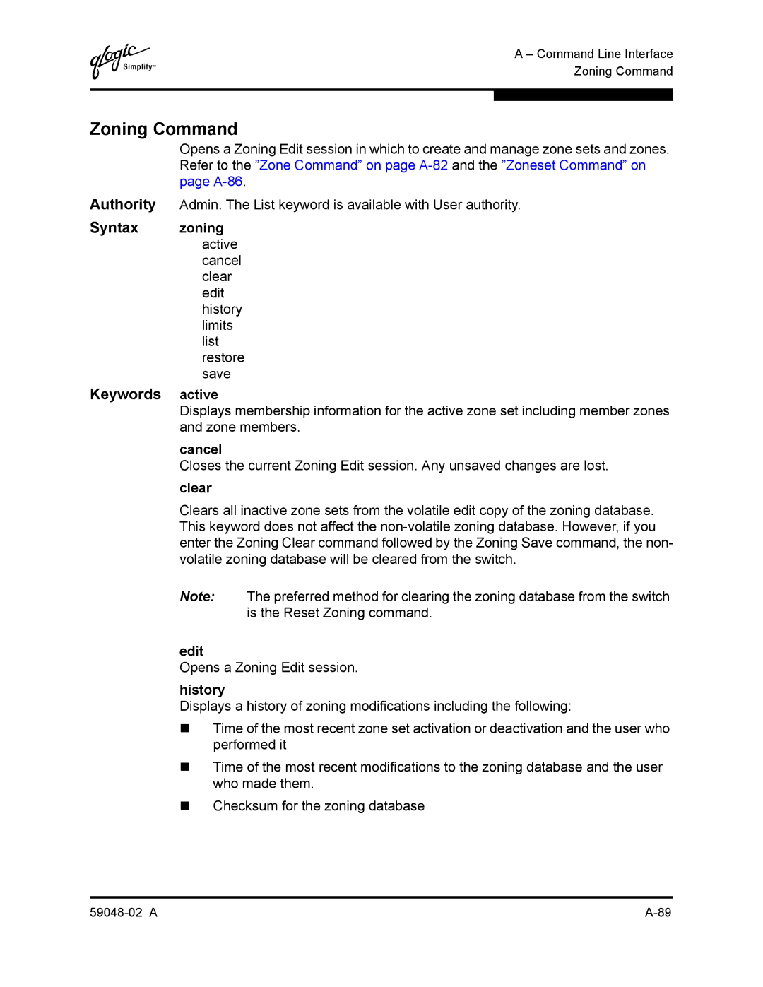 Q-Logic 59048-02 A manual Zoning Command, Keywords active, Opens a Zoning Edit session, History 