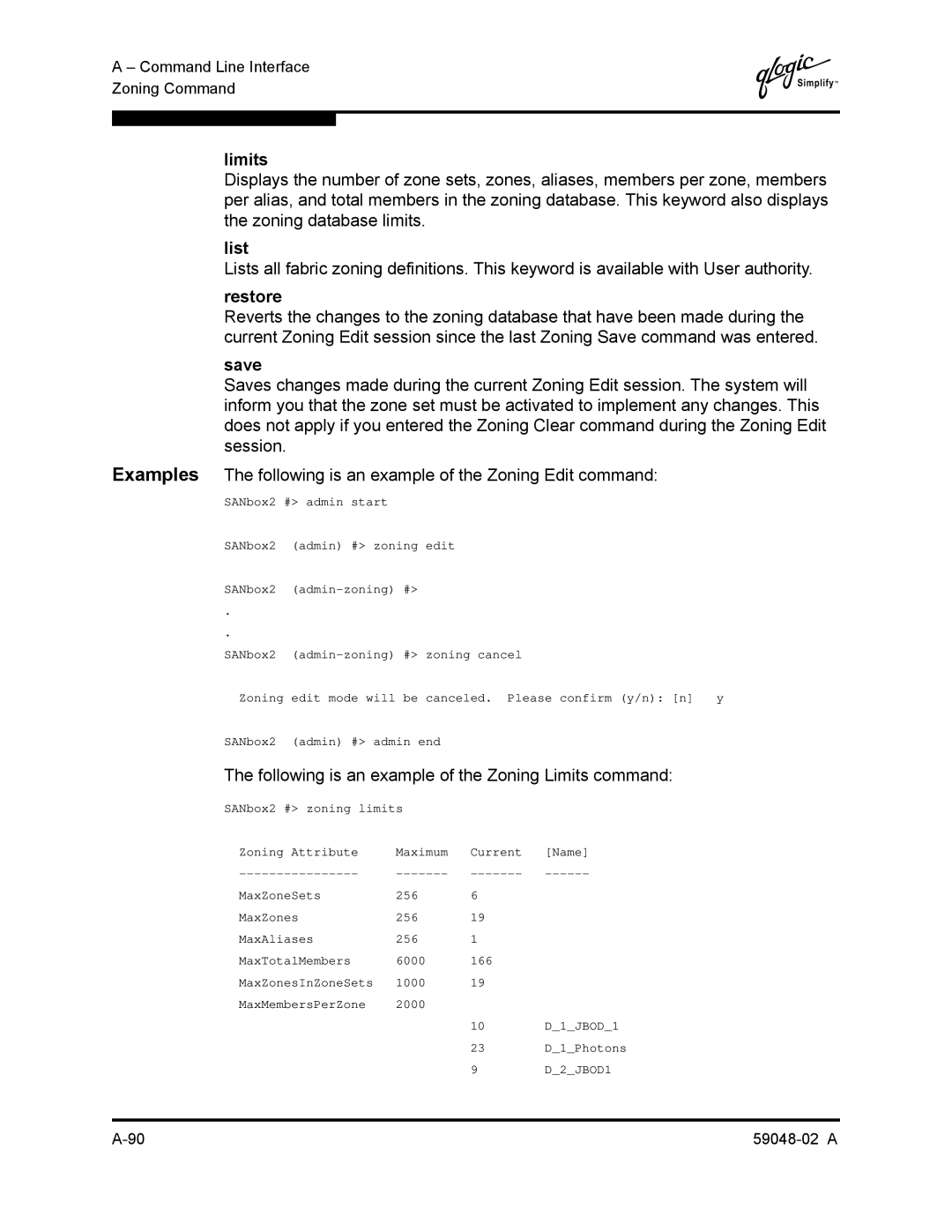 Q-Logic 59048-02 A manual Following is an example of the Zoning Limits command 