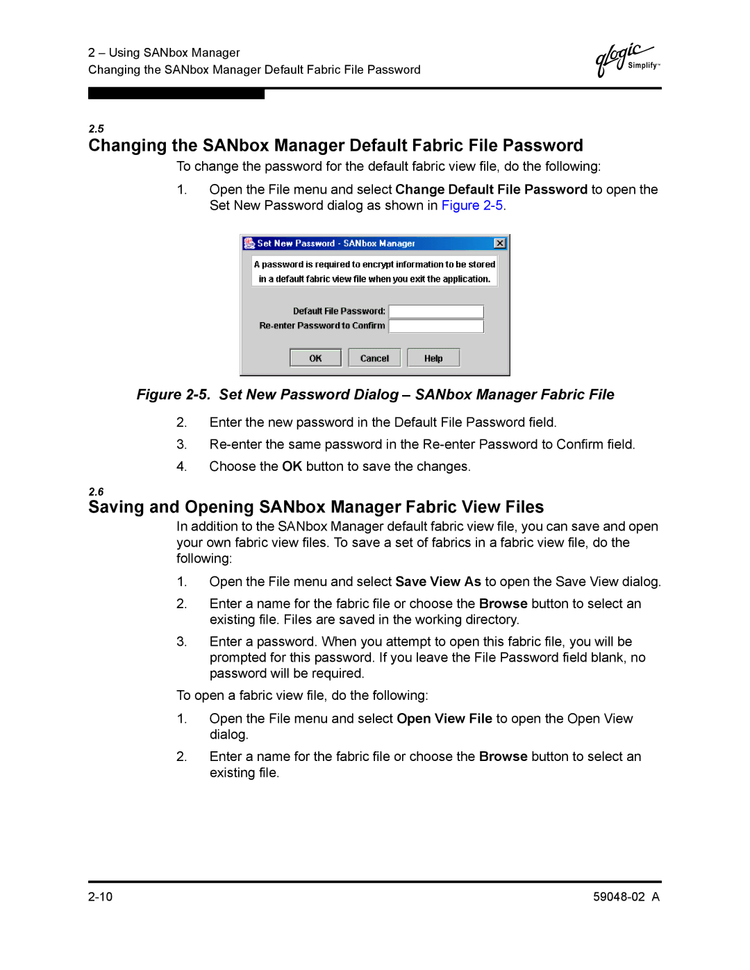 Q-Logic 59048-02 A manual Changing the SANbox Manager Default Fabric File Password 