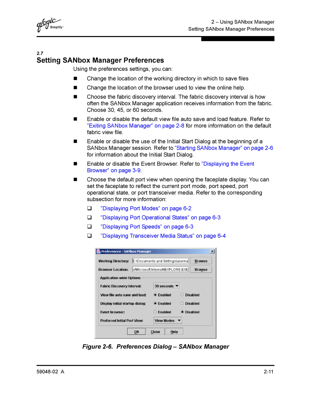 Q-Logic 59048-02 A manual Setting SANbox Manager Preferences, Preferences Dialog SANbox Manager 