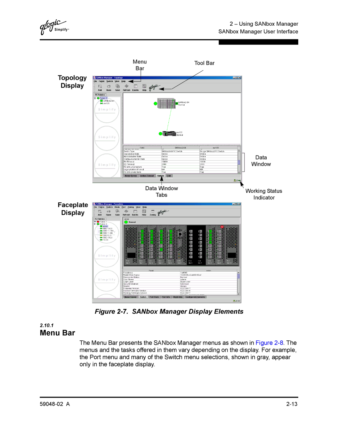 Q-Logic 59048-02 A manual Menu Bar, Topology Display, Faceplate Display 