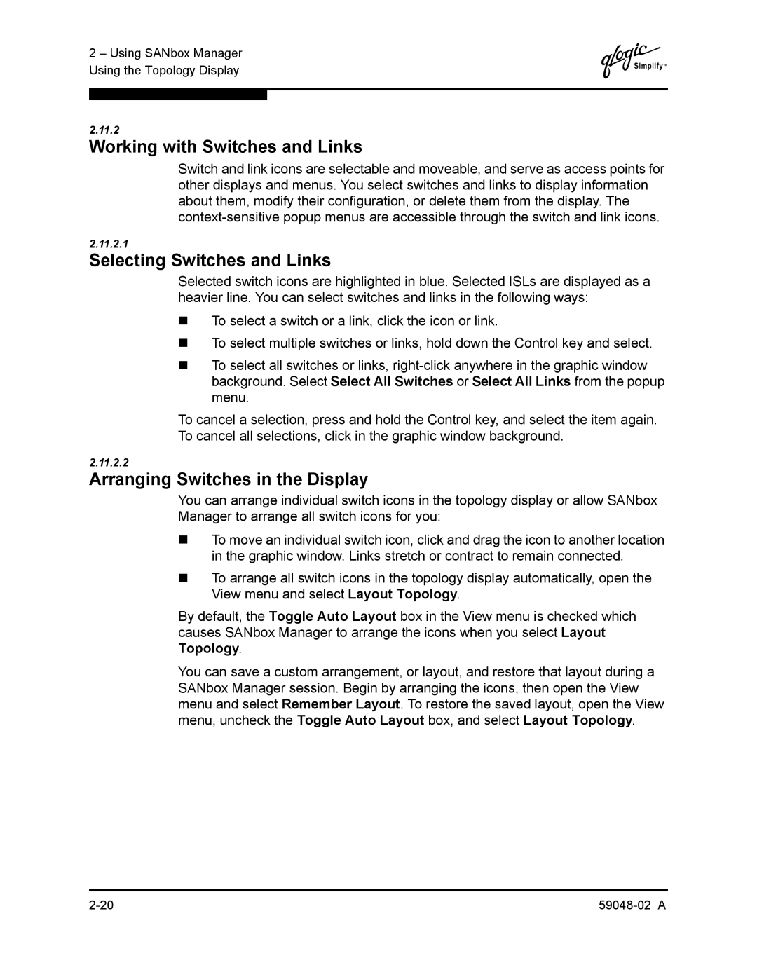 Q-Logic 59048-02 A manual Working with Switches and Links, Selecting Switches and Links, Arranging Switches in the Display 