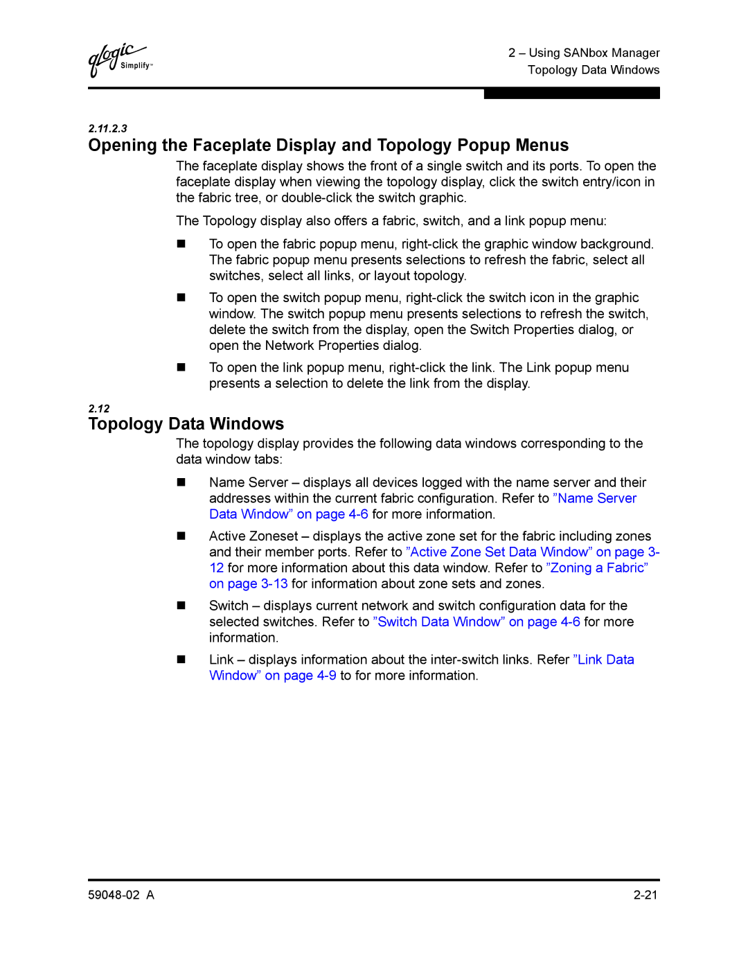 Q-Logic 59048-02 A manual Opening the Faceplate Display and Topology Popup Menus, Topology Data Windows 