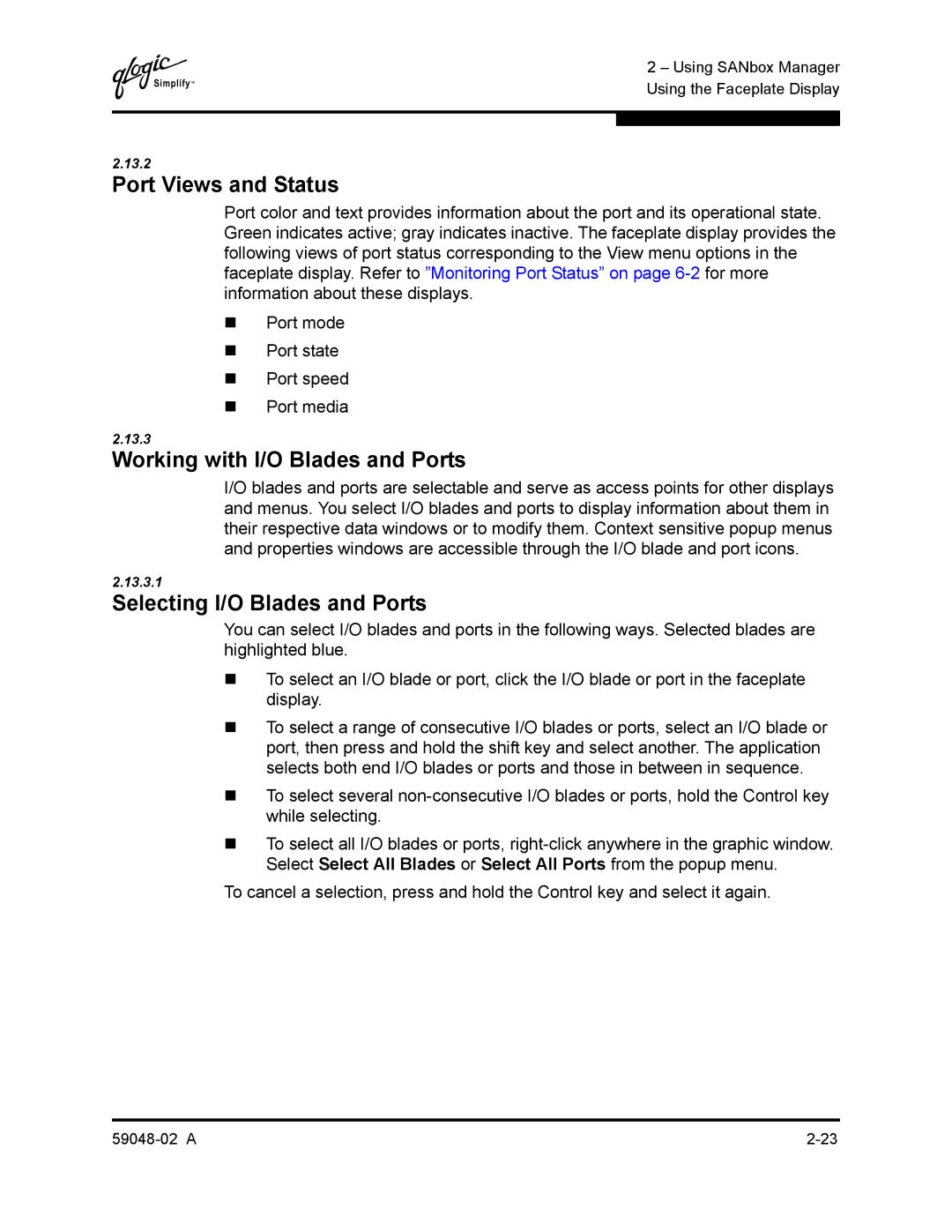 Q-Logic 59048-02 A manual Port Views and Status, Working with I/O Blades and Ports, Selecting I/O Blades and Ports 