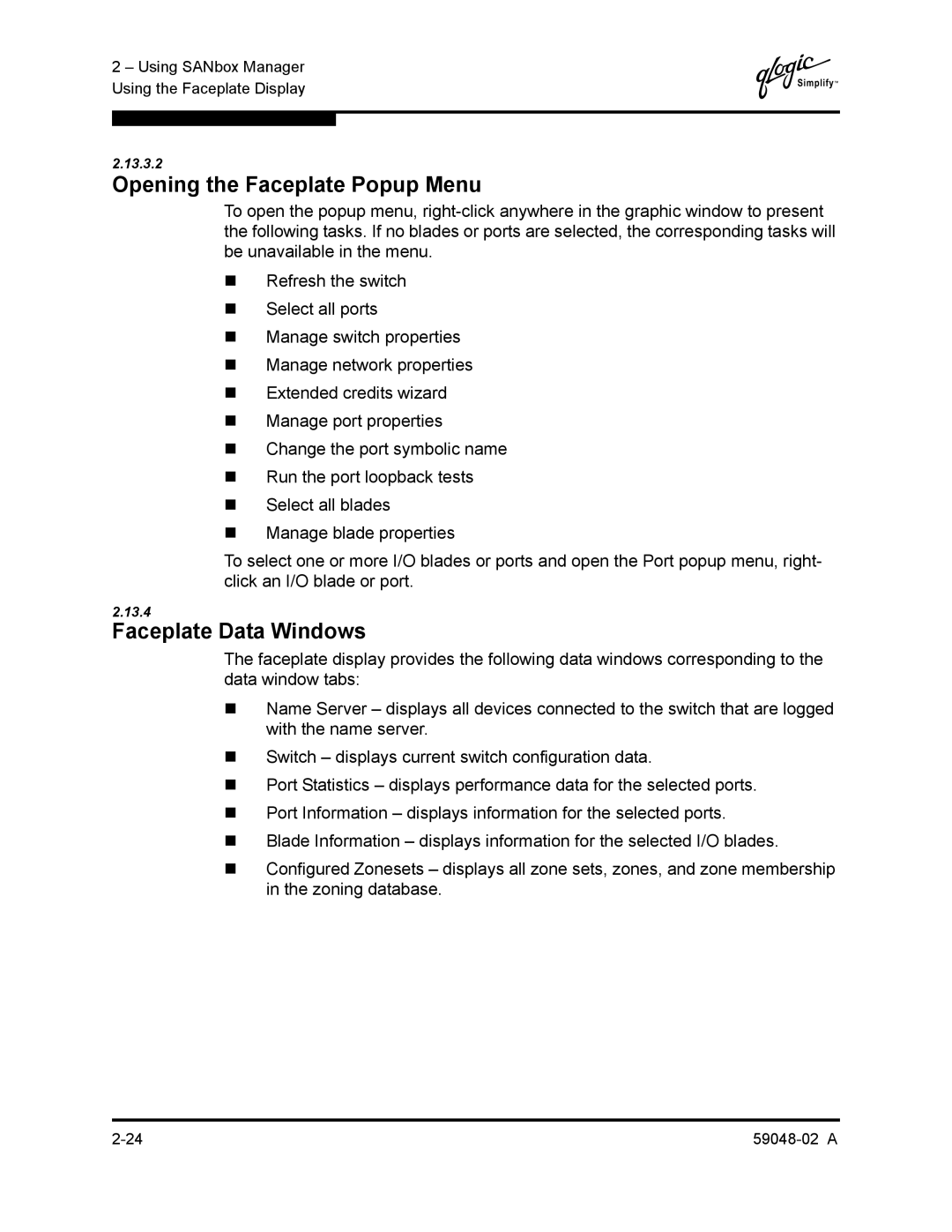 Q-Logic 59048-02 A manual Opening the Faceplate Popup Menu, Faceplate Data Windows 