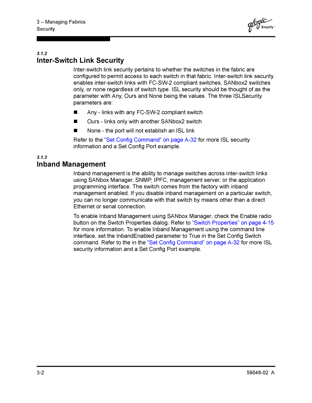 Q-Logic 59048-02 A manual Inter-Switch Link Security, Inband Management 