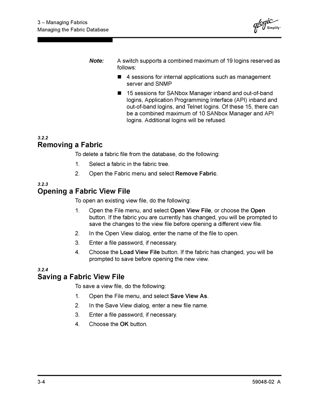 Q-Logic 59048-02 A manual Removing a Fabric, Opening a Fabric View File, Saving a Fabric View File 