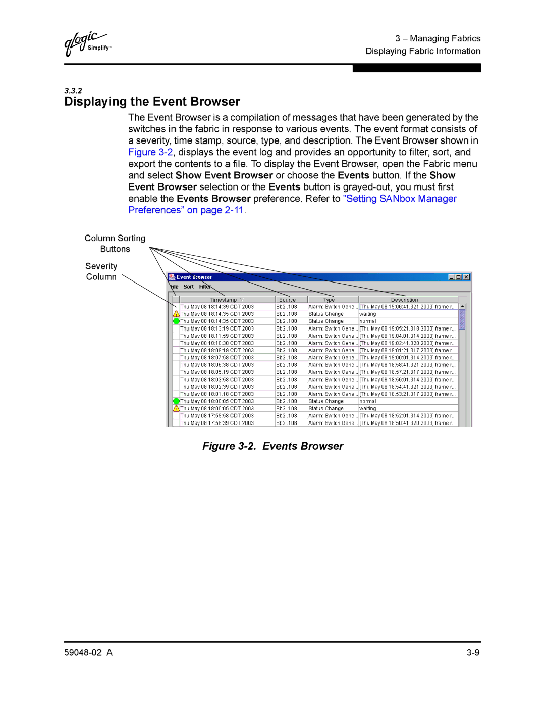 Q-Logic 59048-02 A manual Displaying the Event Browser, Events Browser 